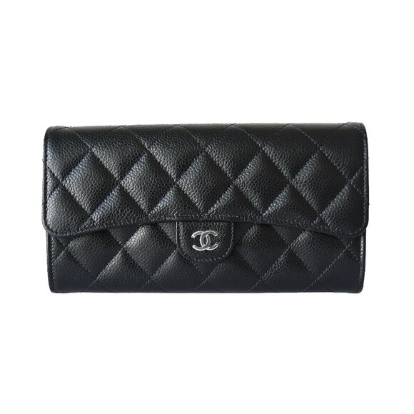 Chanel CC Quilted Caviar Continental Large Gusset Flap Wallet Silver Hardware Bl - Picture 1 of 5